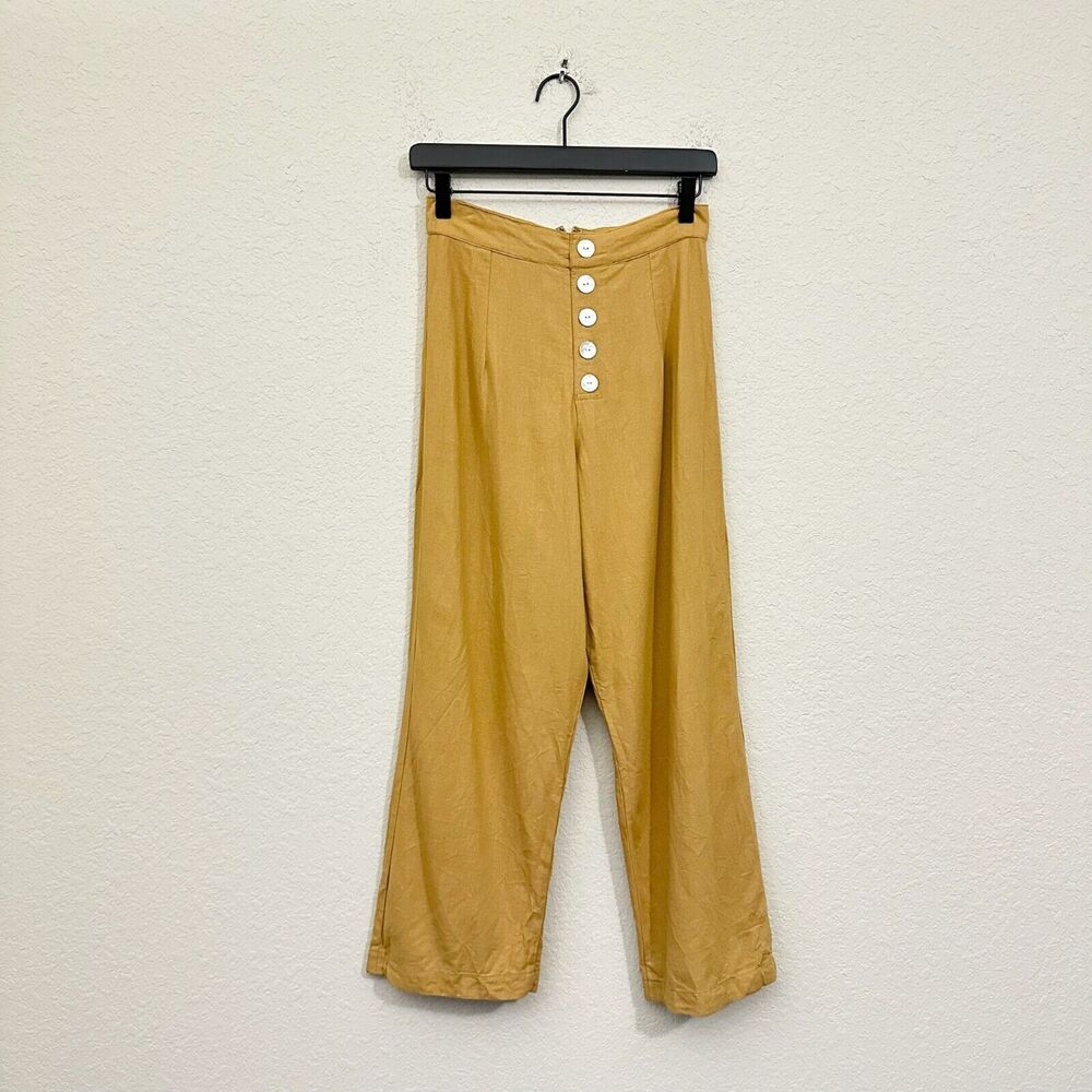 GILLIA Wide Leg Pants Camel Tan Cropped High Rise Shell Button Front